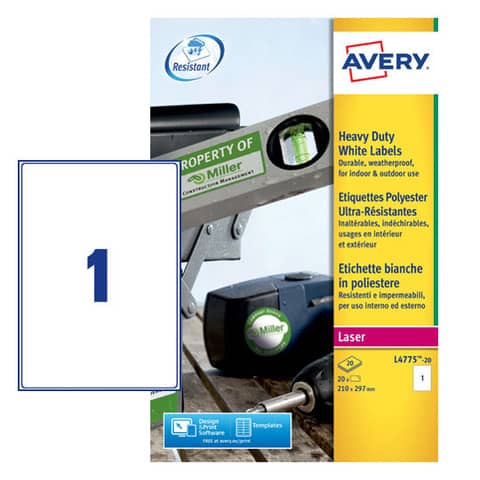 Etichette permanenti poliestere bianche Avery 210x297 mm - 1 et/foglio - stampanti laser - cf. 20 fogli L4775-20